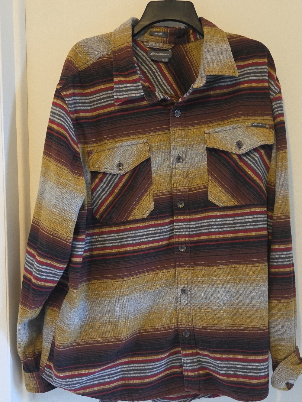 Eddie Bauer Striped Button-Up Shirt Jacket in Mustard, Burgundy & Gray